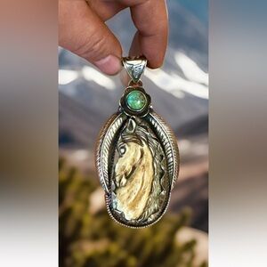 Hand Carved Bone Pendant,Horse Face Art,Natural Turquoise & Silver,3.7”in,36gram